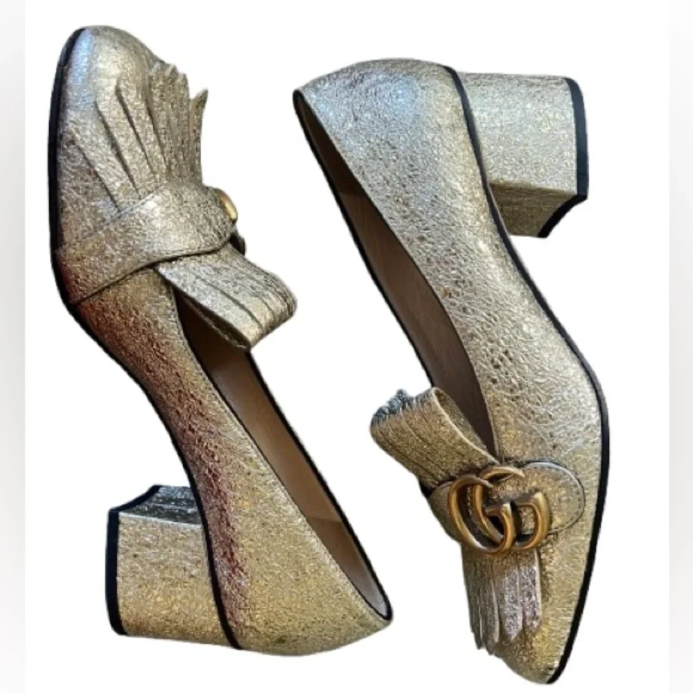 Gucci Galassia GG
Marmont Fringe Block Heel Pumps Gold Leather Foil Size 37.5 - Picture 3 of 9